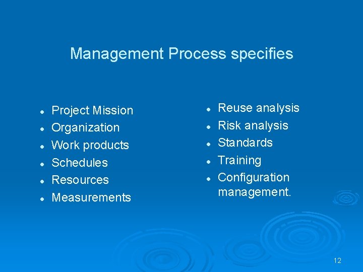 Management Process specifies l l l Project Mission Organization Work products Schedules Resources Measurements