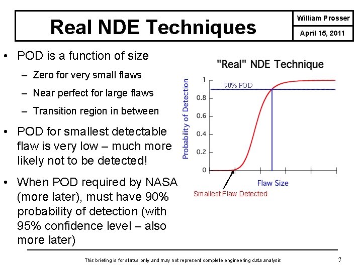 Real NDE Techniques William Prosser April 15, 2011 • POD is a function of
