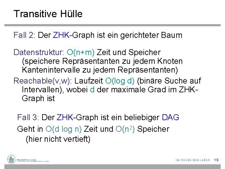 Transitive Hülle Fall 2: Der ZHK-Graph ist ein gerichteter Baum Datenstruktur: O(n+m) Zeit und