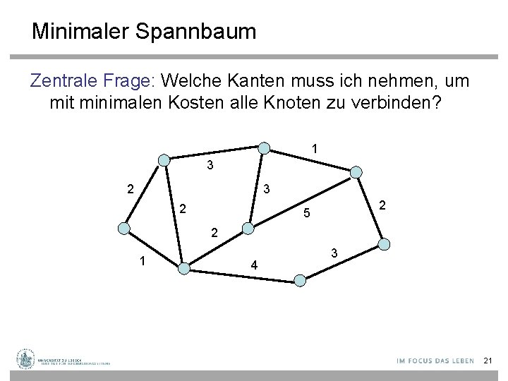 Minimaler Spannbaum Zentrale Frage: Welche Kanten muss ich nehmen, um mit minimalen Kosten alle