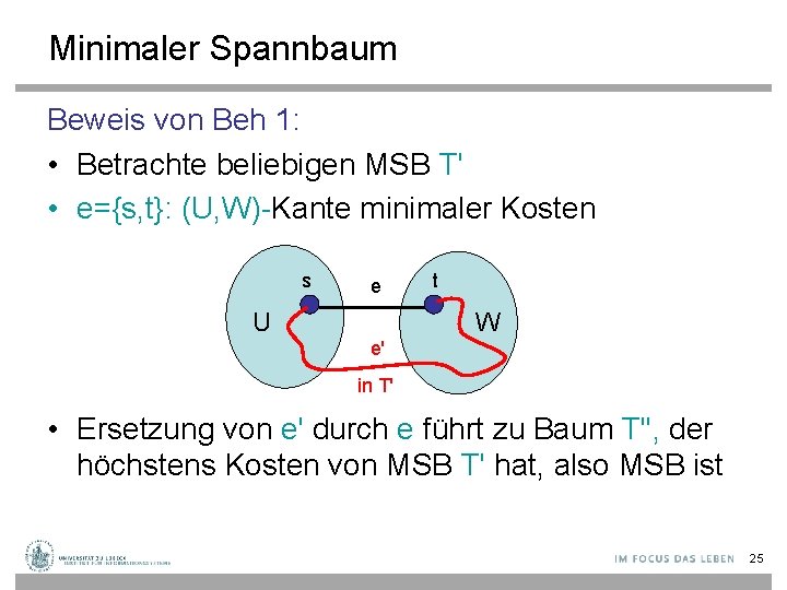 Minimaler Spannbaum Beweis von Beh 1: • Betrachte beliebigen MSB T' • e={s, t}: