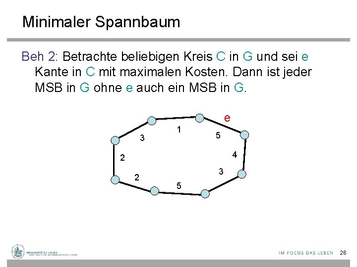 Minimaler Spannbaum Beh 2: Betrachte beliebigen Kreis C in G und sei e Kante