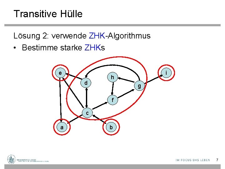 Transitive Hülle Lösung 2: verwende ZHK-Algorithmus • Bestimme starke ZHKs e d i h