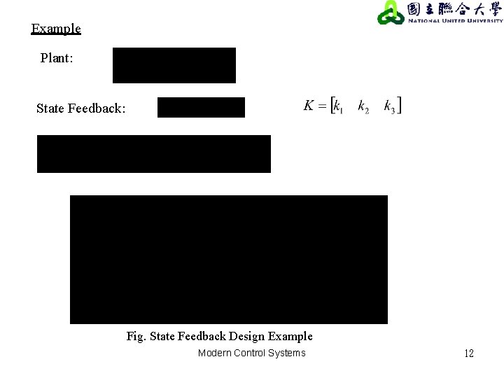 Example Plant: State Feedback: Fig. State Feedback Design Example Modern Control Systems 12 Example Plant: State Feedback: Fig. State Feedback Design Example Modern Control Systems 12