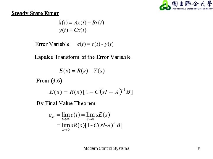 Steady State Error Variable Lapalce Transform of the Error Variable From (3. 6) By Steady State Error Variable Lapalce Transform of the Error Variable From (3. 6) By