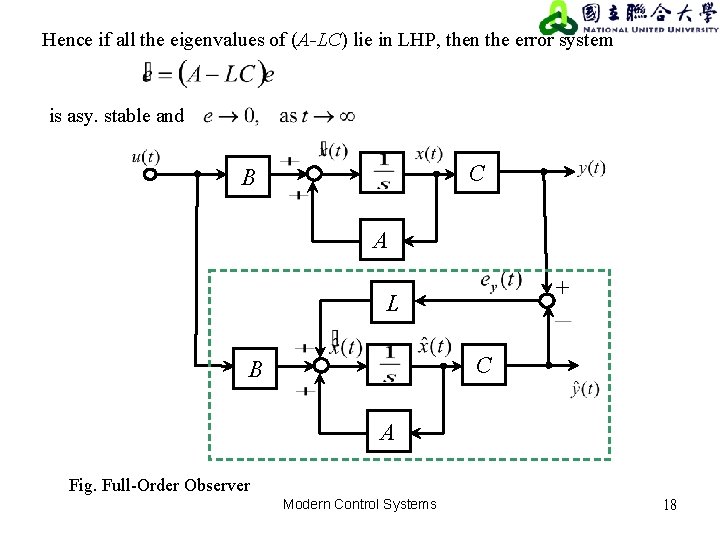 Hence if all the eigenvalues of (A-LC) lie in LHP, then the error system Hence if all the eigenvalues of (A-LC) lie in LHP, then the error system