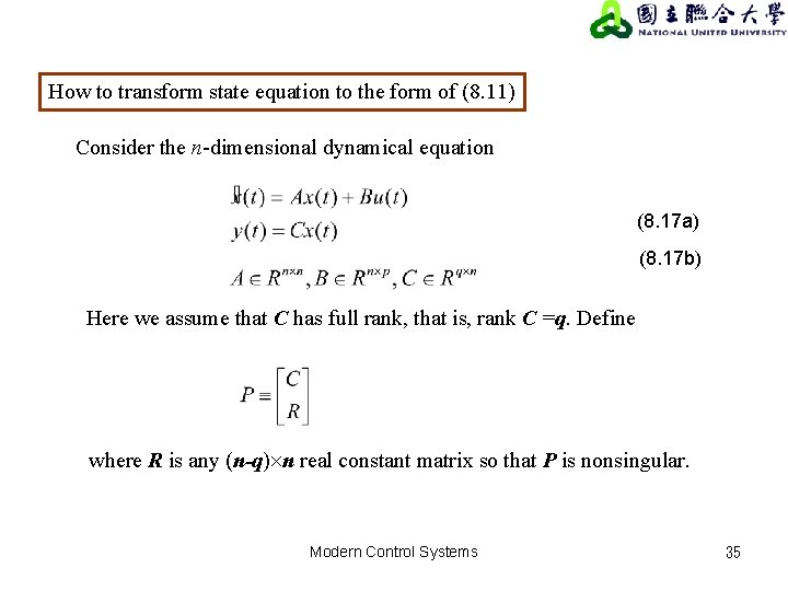 How to transform state equation to the form of (8. 11) Consider the n-dimensional How to transform state equation to the form of (8. 11) Consider the n-dimensional