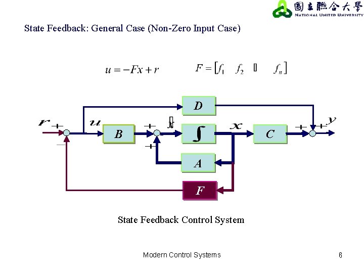 State Feedback: General Case (Non-Zero Input Case) D B C A F State Feedback State Feedback: General Case (Non-Zero Input Case) D B C A F State Feedback