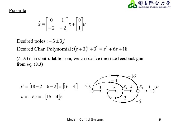 Example (A, B) is in controllable from, we can derive the state feedback gain