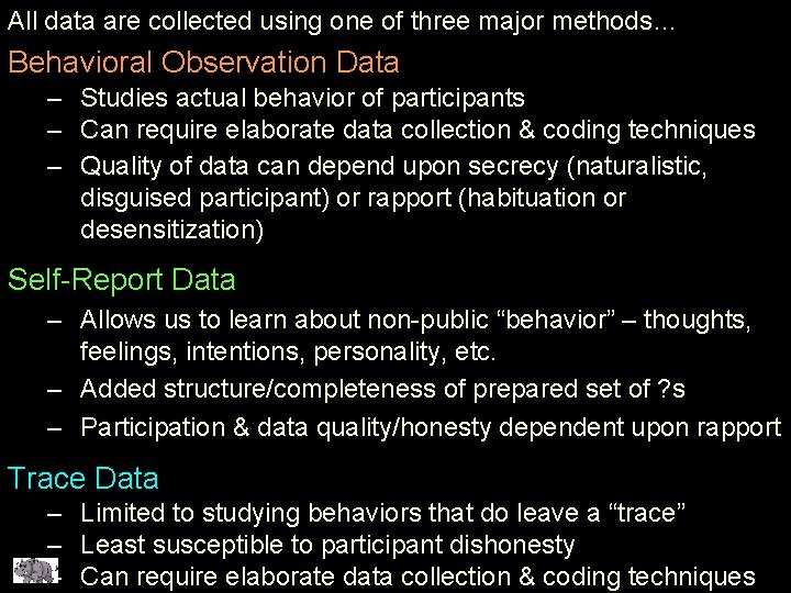 All data are collected using one of three major methods… Behavioral Observation Data –