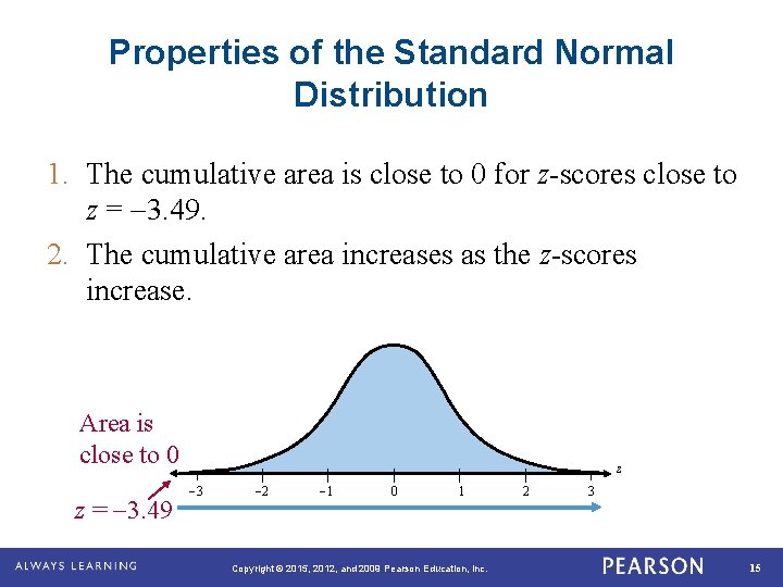 Properties of the Standard Normal Distribution 1. The cumulative area is close to 0