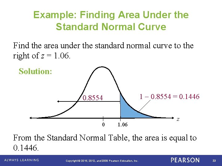 Example: Finding Area Under the Standard Normal Curve Find the area under the standard