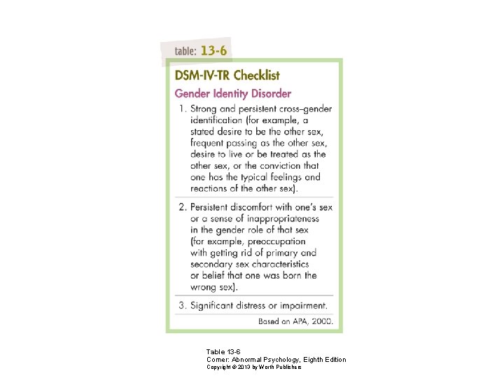 Table 13 -6 Comer: Abnormal Psychology, Eighth Edition Copyright © 2013 by Worth Publishers