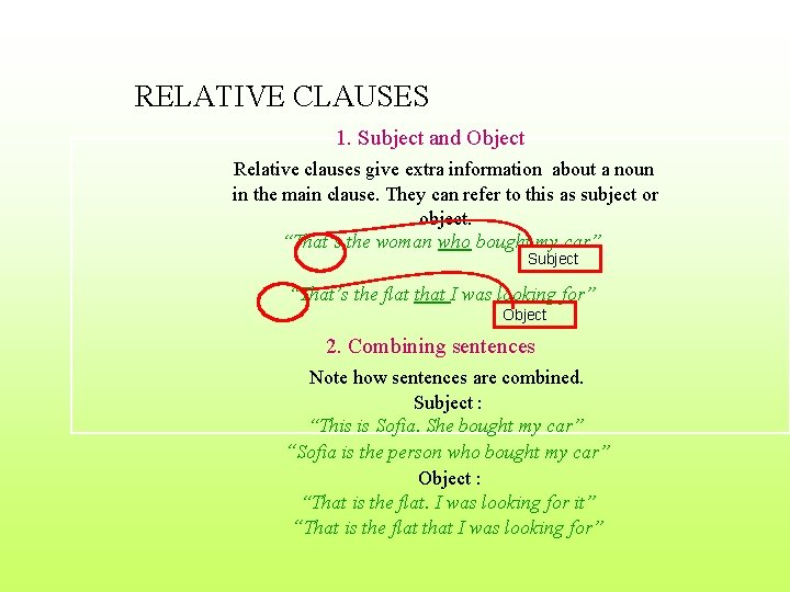RELATIVE CLAUSES 1. Subject and Object Relative clauses give extra information about a noun