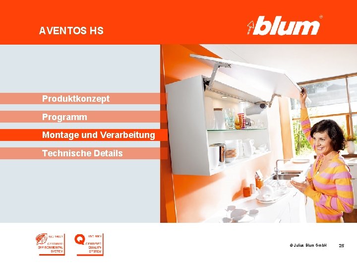 AVENTOS HS Produktkonzept Programm Montage und Verarbeitung Technische Details © Julius Blum Gmb. H