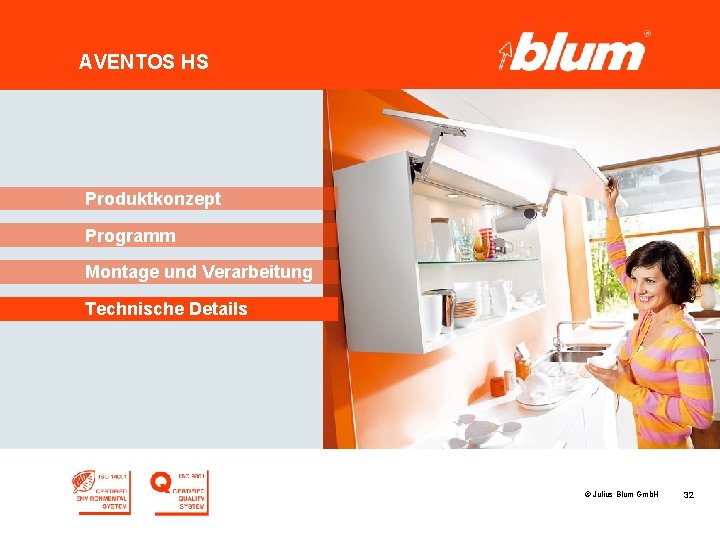 AVENTOS HS Produktkonzept Programm Montage und Verarbeitung Technische Details © Julius Blum Gmb. H