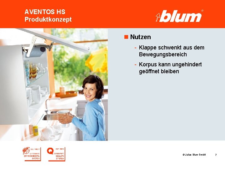 AVENTOS HS Produktkonzept n Nutzen - Klappe schwenkt aus dem Bewegungsbereich - Korpus kann