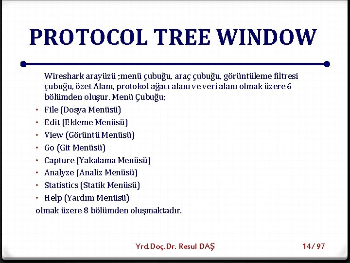 PROTOCOL TREE WINDOW Wireshark arayüzü ; menü çubuğu, araç çubuğu, görüntüleme filtresi çubuğu, özet