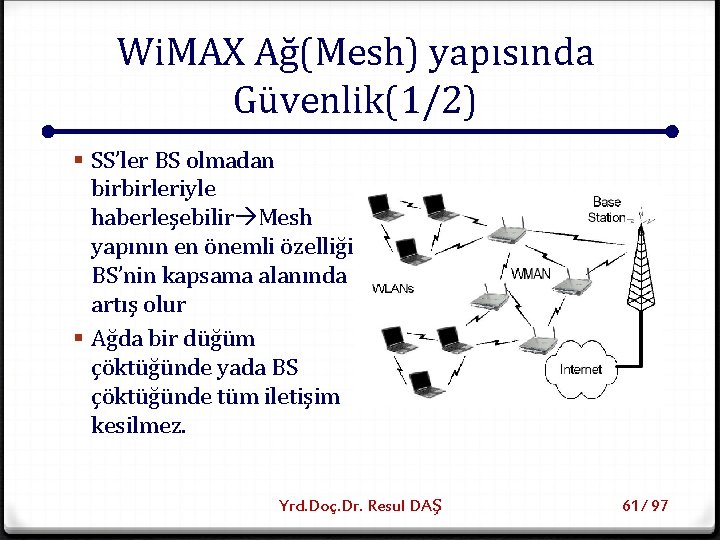 Wi. MAX Ağ(Mesh) yapısında Güvenlik(1/2) § SS’ler BS olmadan birbirleriyle haberleşebilir Mesh yapının en
