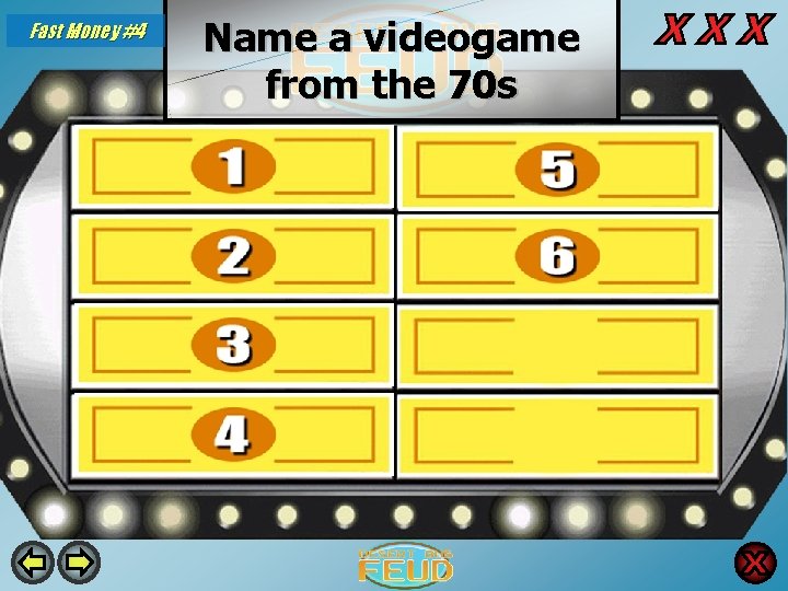 Fast Money #4 Name a videogame from the 70 s Pong (1972) 52 Ms.