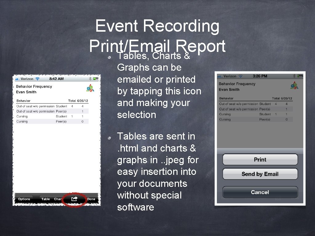 Event Recording Print/Email Report Tables, Charts & Graphs can be emailed or printed by