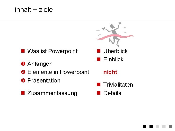 inhalt + ziele n Was ist Powerpoint Anfangen Elemente in Powerpoint Präsentation n Zusammenfassung