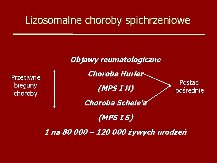 Lizosomalne choroby spichrzeniowe Objawy reumatologiczne Przeciwne bieguny choroby Choroba Hurler (MPS I H) Postaci