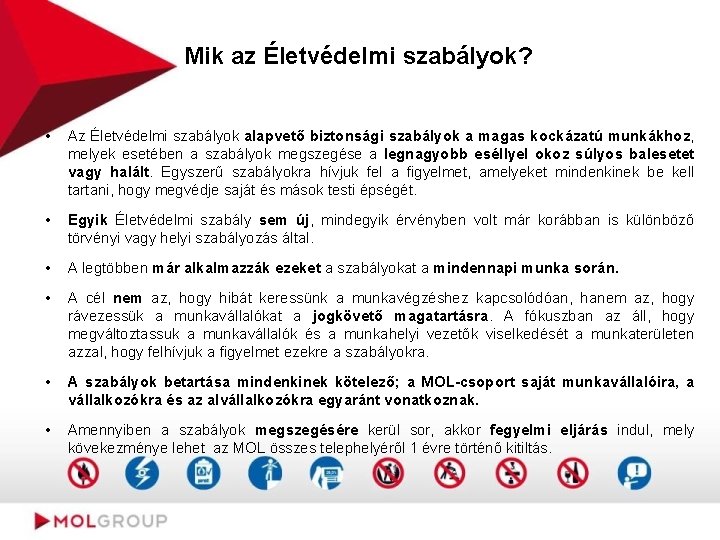 Mik az Életvédelmi szabályok? • Az Életvédelmi szabályok alapvető biztonsági szabályok a magas kockázatú