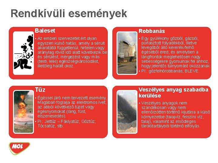 Rendkívüli események Baleset Robbanás • Az emberi szervezetet ért olyan egyszeri külső hatás, amely
