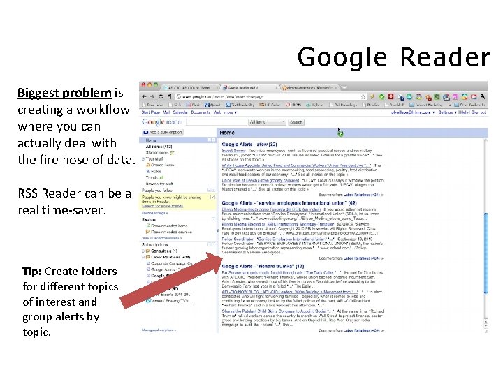 Google Reader Biggest problem is creating a workflow where you can actually deal with