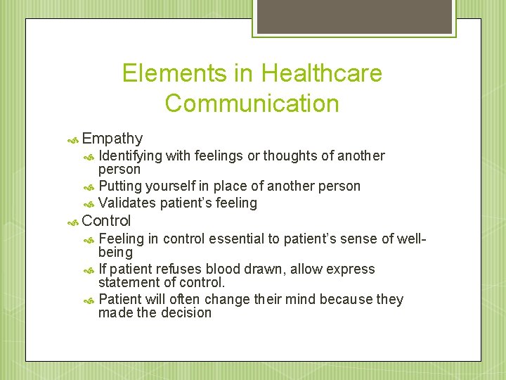 Elements in Healthcare Communication Empathy Identifying with feelings or thoughts of another person Putting