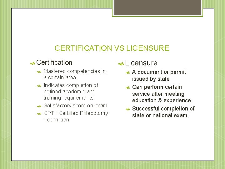 CERTIFICATION VS LICENSURE Certification Mastered competencies in a certain area Indicates completion of defined