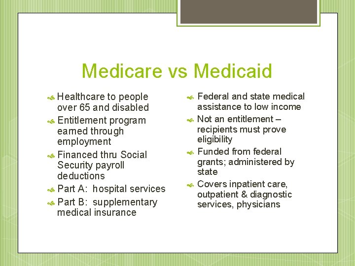 Medicare vs Medicaid Healthcare to people over 65 and disabled Entitlement program earned through