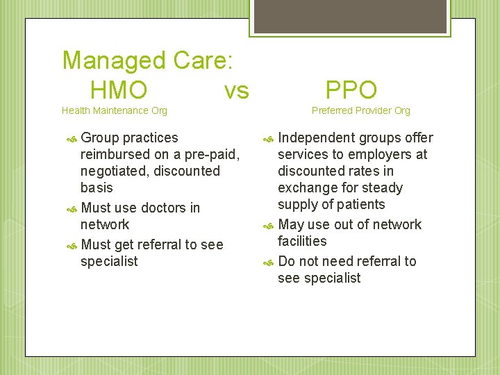 Managed Care: HMO vs PPO Health Maintenance Org Group practices reimbursed on a pre-paid,