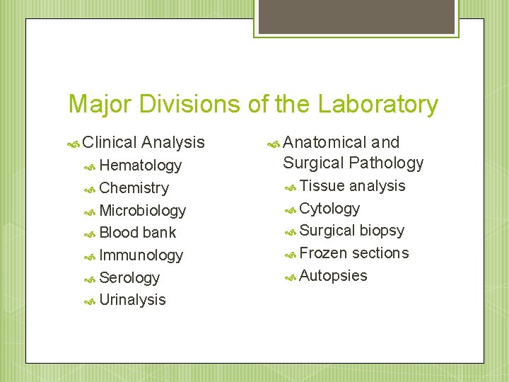 Major Divisions of the Laboratory Hematology and Surgical Pathology Chemistry Tissue Clinical Analysis Microbiology