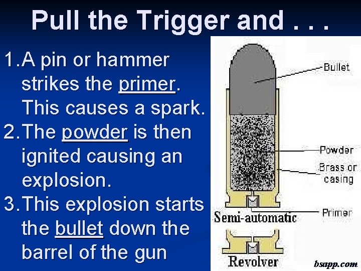 Pull the Trigger and. . . 1. A pin or hammer strikes the primer.