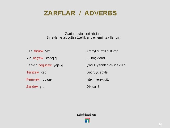 ZARFLAR / ADVERBS Zarflar eylemleri niteler. Bir eyleme ait bütün özellikler o eylemin zarflarıdır.