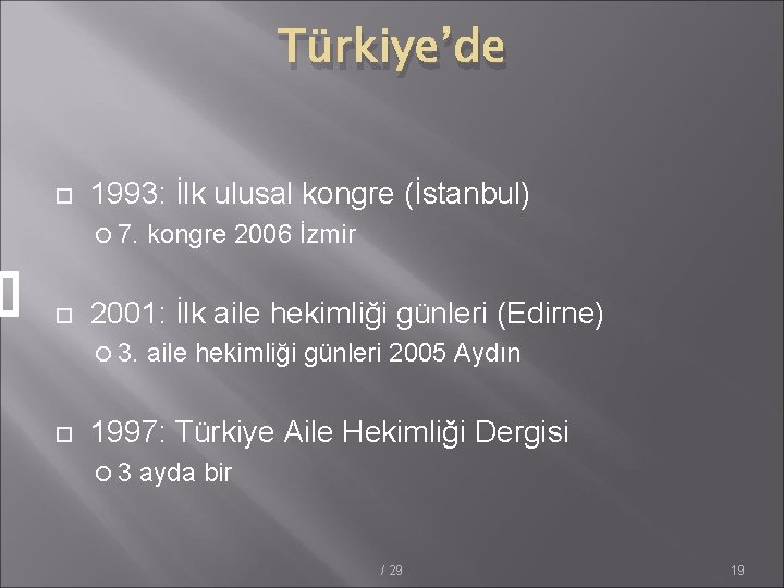 Türkiye’de 1993: İlk ulusal kongre (İstanbul) 7. kongre 2006 İzmir 2001: İlk aile hekimliği