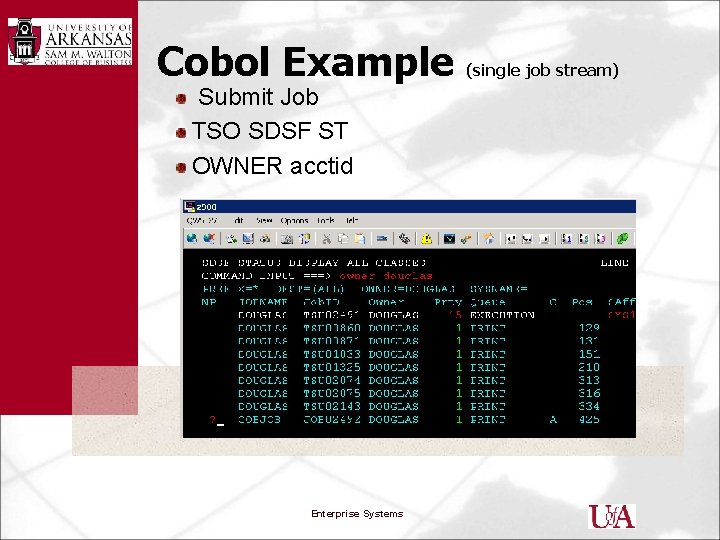 Cobol Example Submit Job TSO SDSF ST OWNER acctid Enterprise Systems (single job stream)