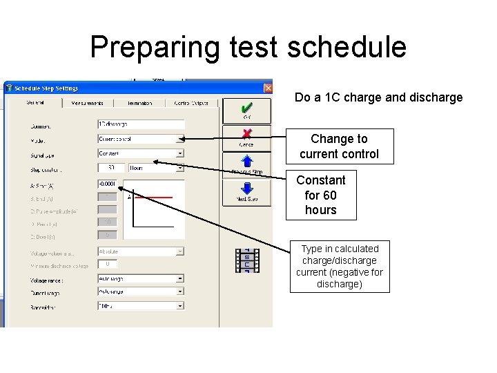 Preparing test schedule Do a 1 C charge and discharge Change to current control