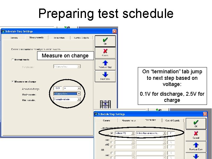Preparing test schedule Measure on change On “termination” tab jump to next step based