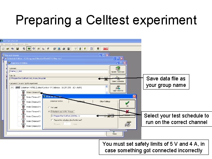 Preparing a Celltest experiment Save data file as your group name Select your test
