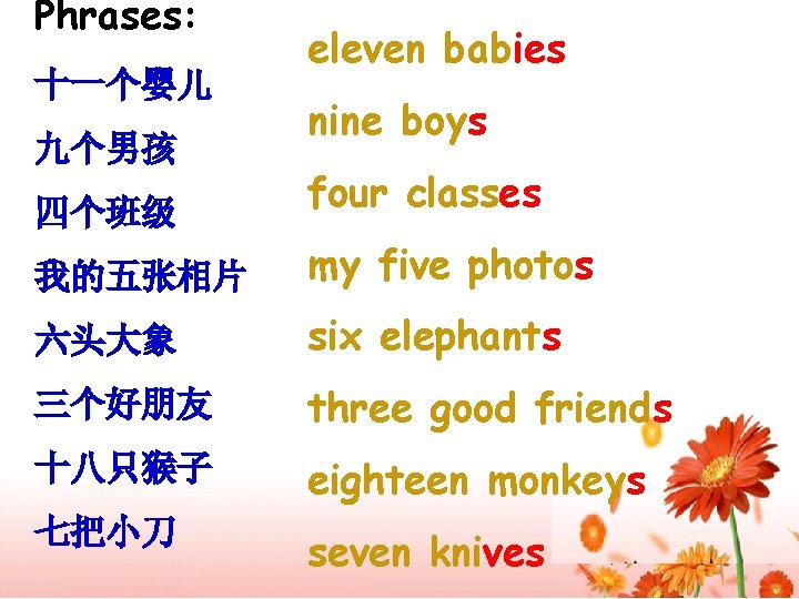 Phrases: 十一个婴儿 九个男孩 eleven babies nine boys 四个班级 four classes 我的五张相片 my five photos Phrases: 十一个婴儿 九个男孩 eleven babies nine boys 四个班级 four classes 我的五张相片 my five photos