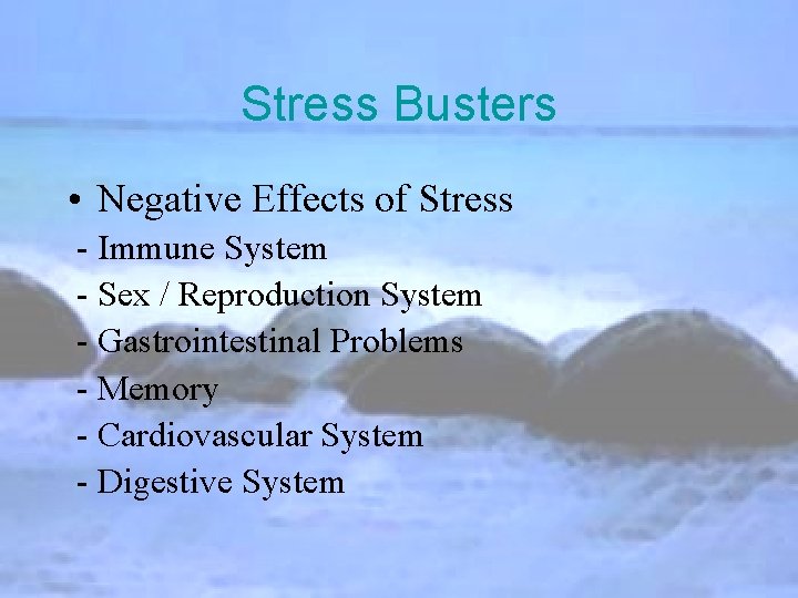 Stress Busters • Negative Effects of Stress - Immune System - Sex / Reproduction