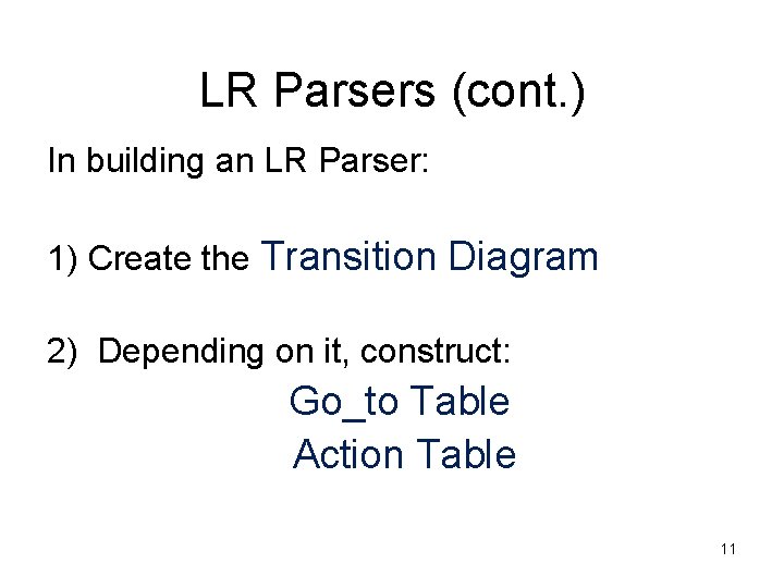 LR Parsers (cont. ) In building an LR Parser: 1) Create the Transition Diagram