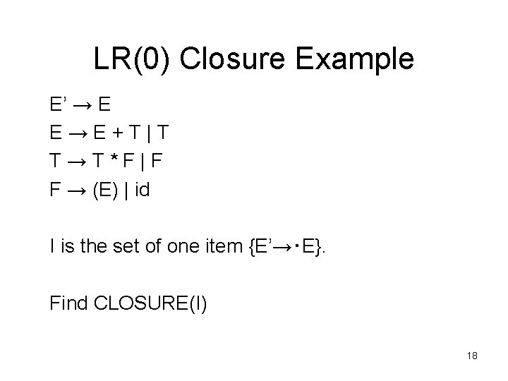 LR(0) Closure Example E’ → E E→E+T|T T→T*F|F F → (E) | id I