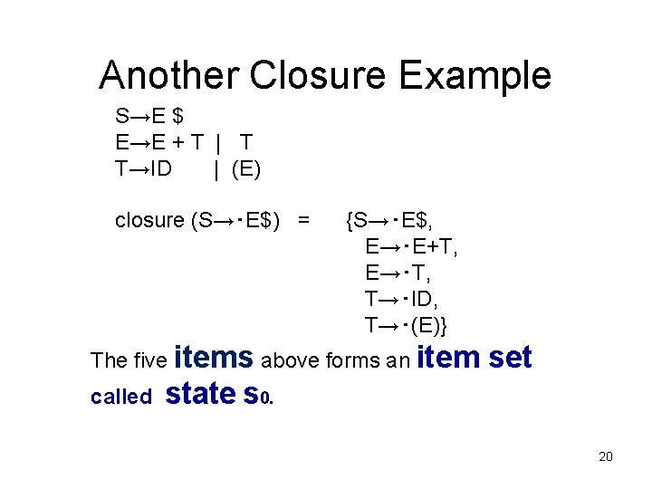 Another Closure Example S→E $ E→E + T | T T→ID | (E) closure