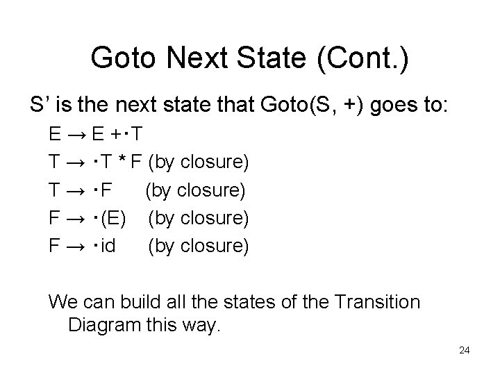 Goto Next State (Cont. ) S’ is the next state that Goto(S, +) goes