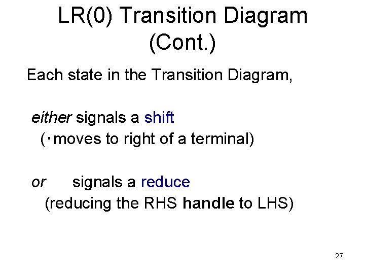 LR(0) Transition Diagram (Cont. ) Each state in the Transition Diagram, either signals a
