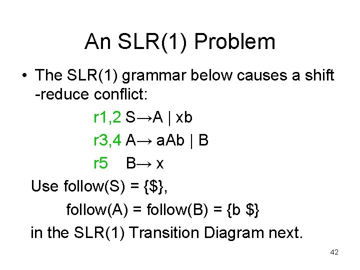 An SLR(1) Problem • The SLR(1) grammar below causes a shift -reduce conflict: r